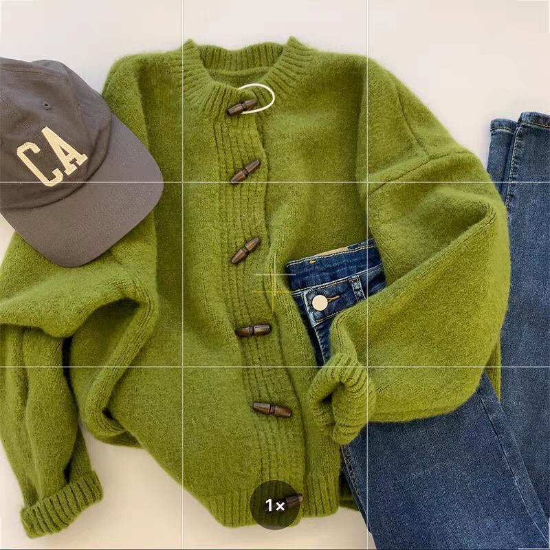 Green horn button knitted cardigan for women in autumn and winter European raccoon velvet thickened winter outer sweater jacket with a high-end feel