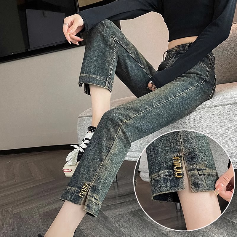 Women's summer large size slit jeans are thin and loose for fat mm, slim and loose for small people, nine-point straight narrow cigarette pants
