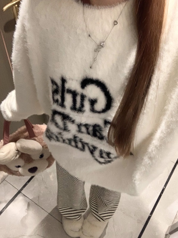 Fufu lazy style soft waxy mink print pullover sweater for women
