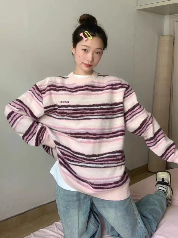 Japanese retro lazy style mixed color striped sweater women's loose casual soft glutinous sweater autumn