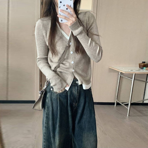 Fake two-piece knitted sweater for women, spring and autumn new style, early autumn inner layering shirt, long-sleeved top, niche design