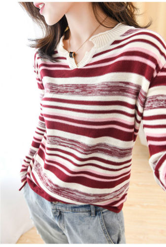 Korean style women's long-sleeved autumn new style loose striped fashionable inner thin knitted bottoming top