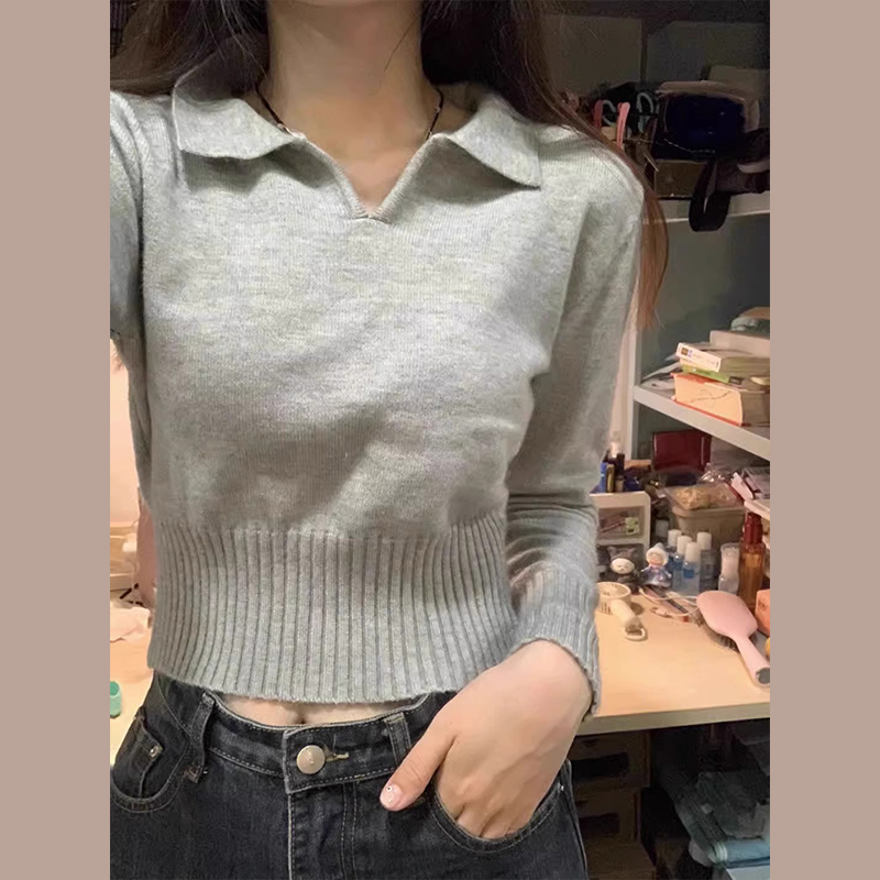 Gray polo neck bottoming shirt for women new autumn and winter long-sleeved inner top V-neck short sweater sweater