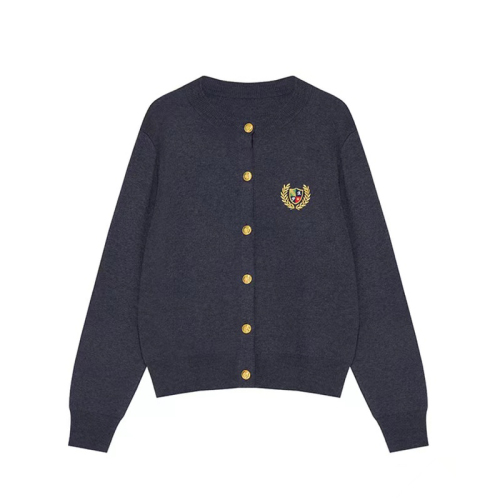 British style cashmere cardigan women's round neck college embroidered metal buckle loose wool sweater sweater jacket