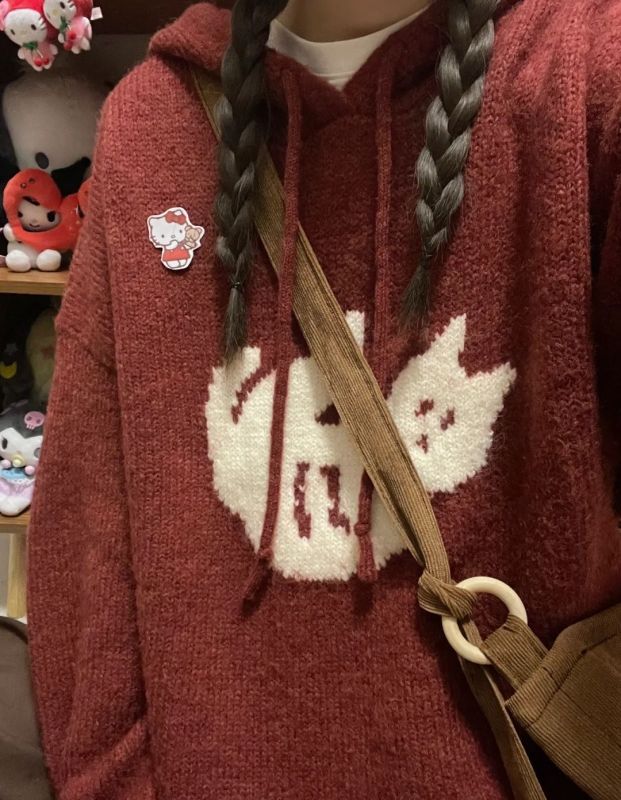 Super soft and waxy!  Retro lazy cartoon jacquard hooded pullover sweater for women autumn and winter new Korean style loose sweater