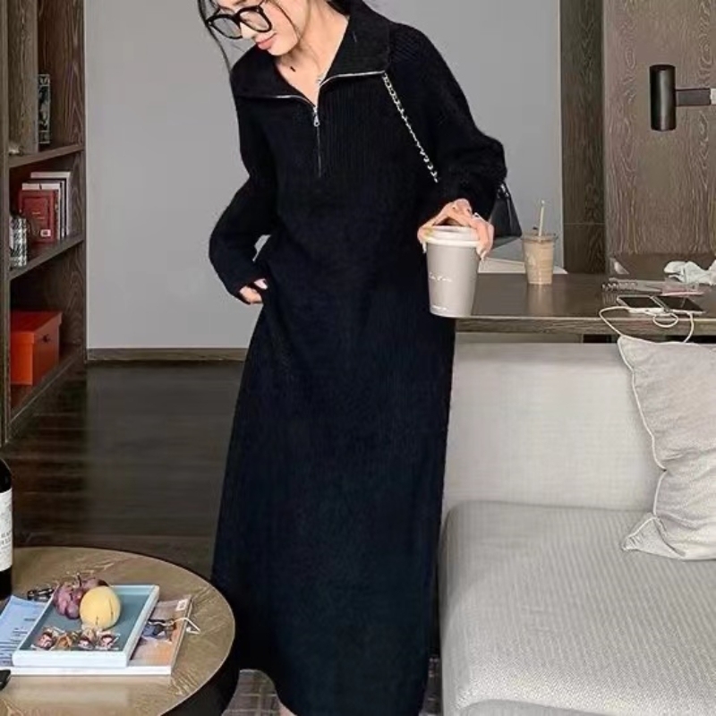 Thickened long-sleeved pullover knitted dress for women in autumn and winter new style loose lazy style long sweater skirt trendy