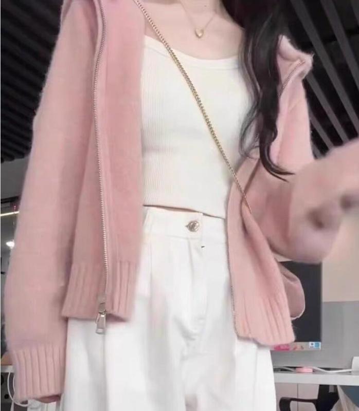 Pink soft waxy hooded sweater cardigan jacket women's design double zipper loose casual short top