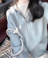 Pink double zipper hooded knitted cardigan sweater jacket for women, autumn and winter chic design, lazy style light blue top