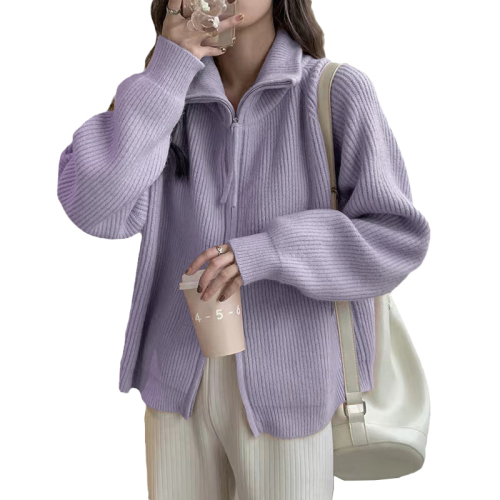 New high-end and super good-looking purple knitted cardigan jacket thickened lapel zipper sweater for women