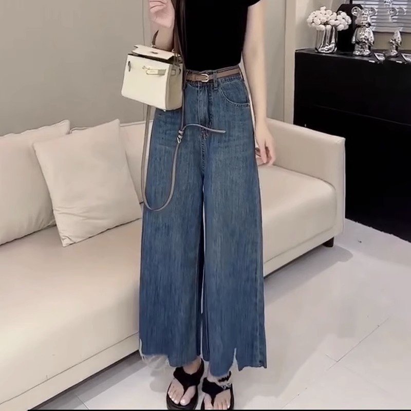 Pear-shaped body, slightly chubby, plus size nine-point jeans for women, new summer thin, slightly flared wide-leg pants