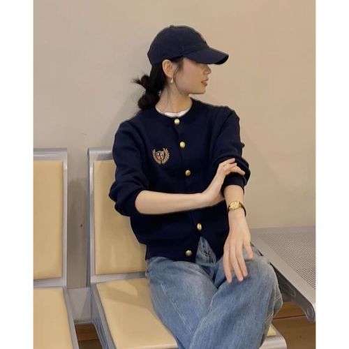 British style cashmere cardigan women's round neck college embroidered metal buckle loose wool sweater sweater jacket