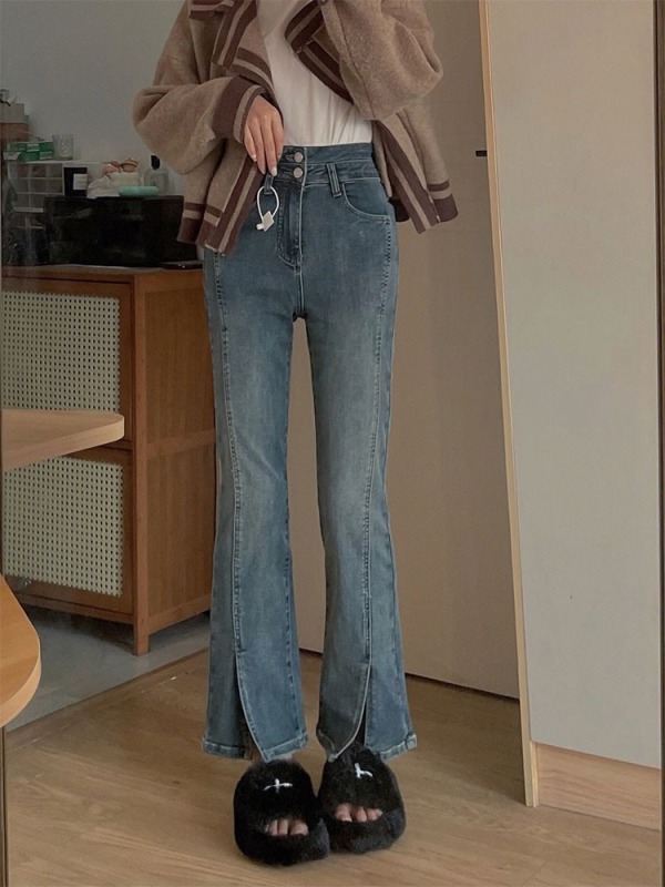 High-waisted elastic slit micro-flare jeans plus size women with pear-shaped figure, hip-covering slimming pants, trendy petite ones