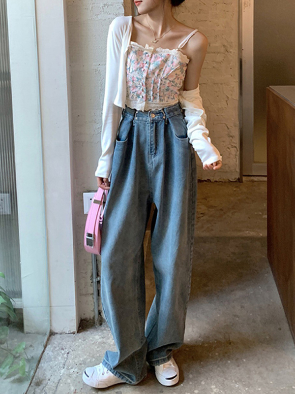 High-waisted wide-leg floor-length jeans for women in autumn, thin, small, loose, large size, fat mm, pear-shaped figure women's pants
