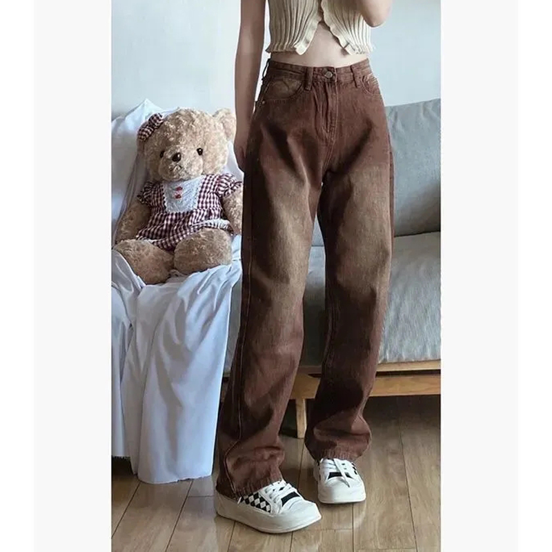 Brown retro loose casual drape jeans for women new slim high waist straight wide leg pants trendy