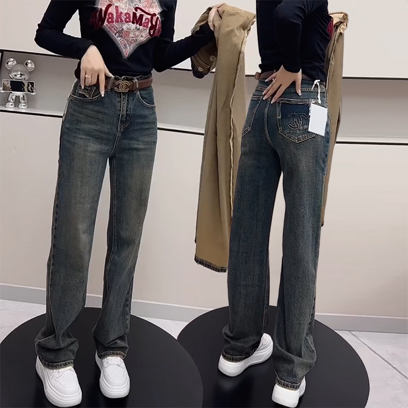 Plus size women's retro narrow denim floor-length trousers autumn new Turkish color slim straight trousers