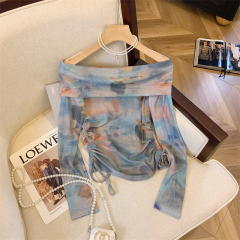 American hot girl smudged off-shoulder T-shirt for women 2024 new fashionable drawstring short style slimming