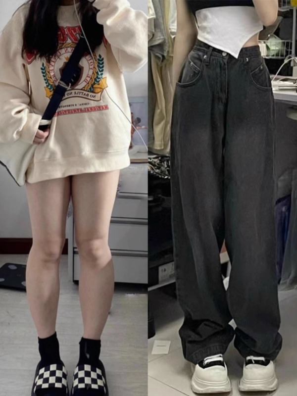 Autumn and winter fat mm large size American retro jeans women's loose Korean version slimming high waist straight wide leg pants