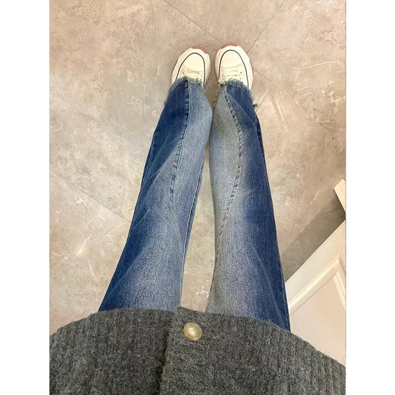 American high street contrasting color micro-flare jeans for women autumn new high-waisted loose slimming personalized horse hoof pants