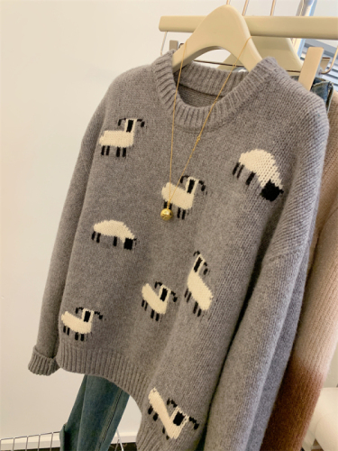 New autumn and winter cute soft lamb pattern round neck thickened lazy style wool sweater for women