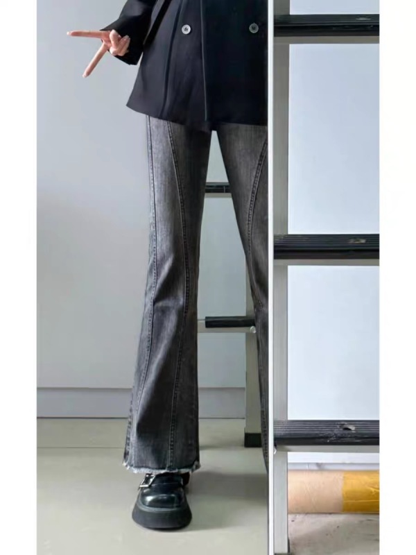 Retro drape micro-flare jeans women's new high-waist slim millennium fur-edge horseshoe floor-length pants