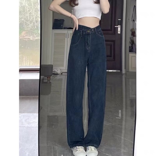 Large size retro dark blue straight jeans women's new autumn and winter design loose wide-leg pants