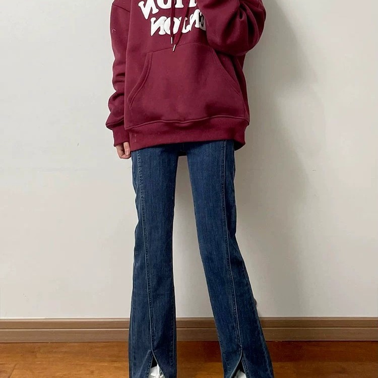 Stretch slit jeans for women, straight leg, new style, slimming, plus size, fat mm, high waist, slightly flared, wide leg pants