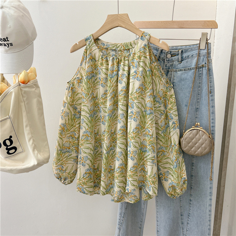 Off-shoulder floral shirt women's new fashionable age-reducing thin halter neck shirt temperament loose top