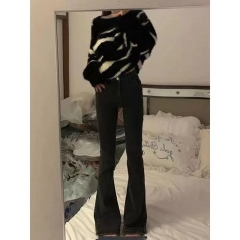 Velvet thickened micro-flared jeans for women new fall and winter elastic high-waisted loose slimming horseshoe pants