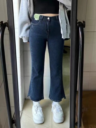 Large size stretch straight pants for women with fat mm black micro-flared pear-shaped body in spring and slimming with jeans