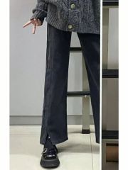 Ready stock~ Black and gray slit straight jeans for women, new high-waisted slimming loose wide-leg pants