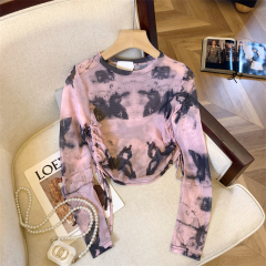 Pink drawstring butterfly mesh T-shirt for women early spring new American retro short long-sleeved sunscreen