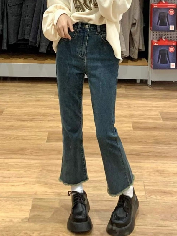 Slightly booted jeans for women in autumn and winter, high-waisted, slim, retro, straight-leg, raw edge, stretchy nine-point flared pants for small people