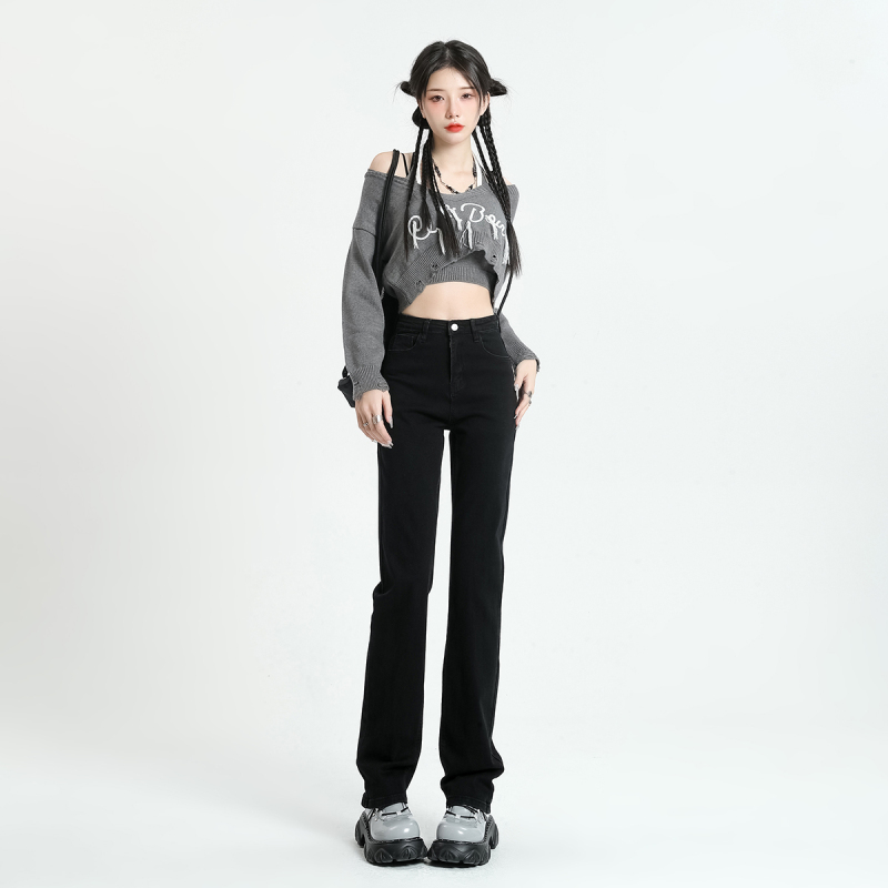 Real shot of black straight jeans for women, trendy 2023 new high-waisted chic Hong Kong style taller and longer floor-length mopping pants