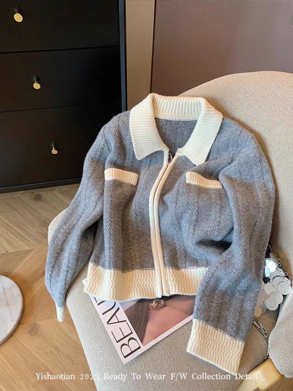 Gray and white contrast zipper lapel knitted jacket for women in autumn and winter, lazy, warm and soft, waxy and western style sweater cardigan