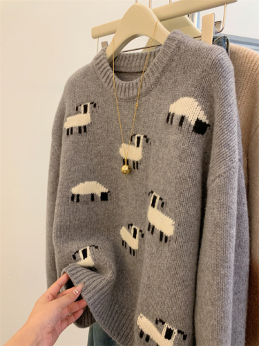 New autumn and winter cute soft lamb pattern round neck thickened lazy style wool sweater for women