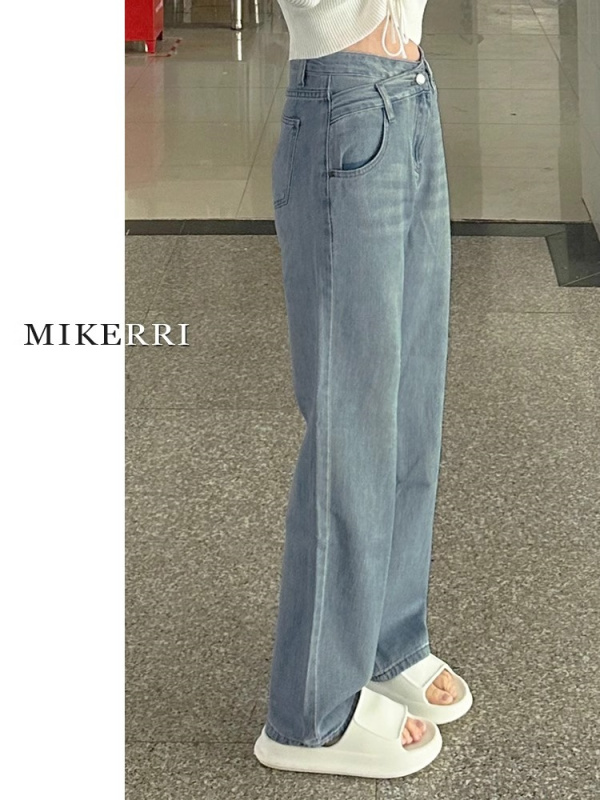 Light blue straight jeans for women, high waist, large size, loose for fat mm, slimming, pear-shaped body, narrow wide leg pants