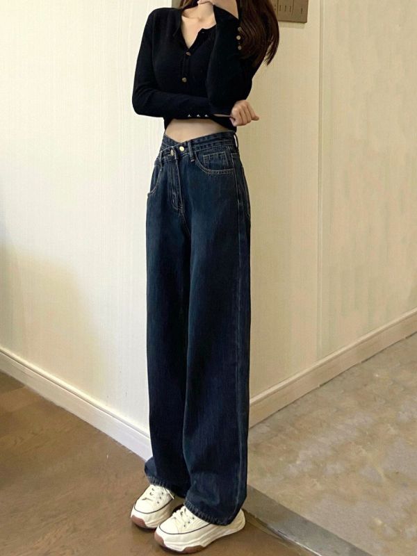 Blue-gray high-waisted jeans for women, new spring and autumn loose slimming straight-leg irregular wide-leg floor-length pants