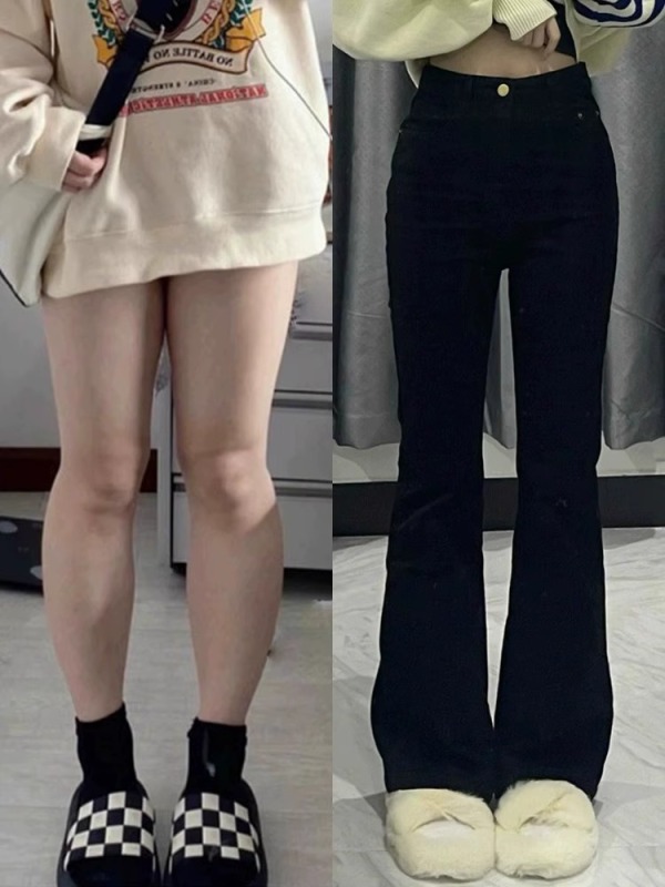 Black high-waisted slightly booted jeans for women with big spring and autumn fat mm pear-shaped body slimming crotch-covering bell-bottom pants for small people