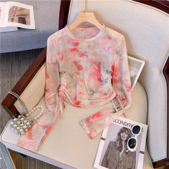 French long-sleeved tie-dye drawstring pleated sunscreen T-shirt for women with thin mesh design for niche hotties