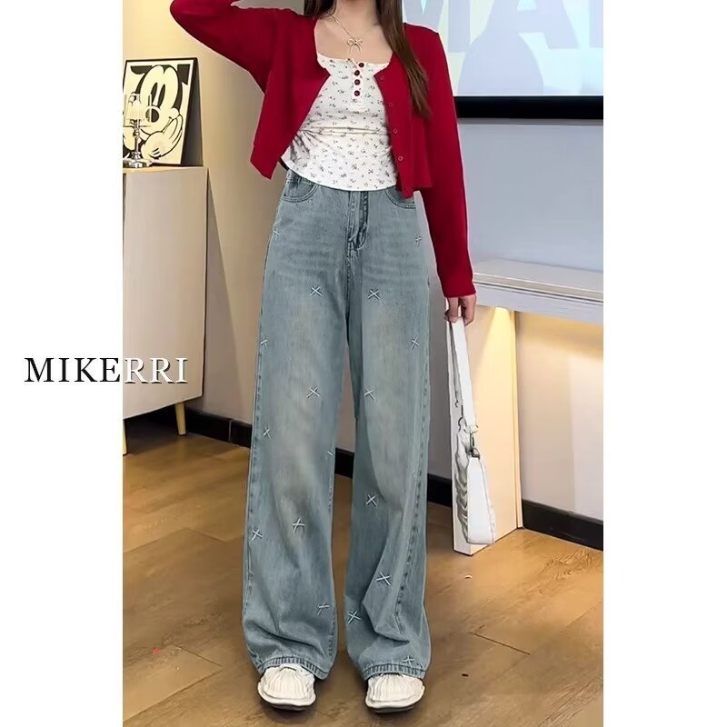 Light-colored Tencel wide-leg jeans for women, thin, large size, fat mm, loose, slimming, pear-shaped body, ice silk pants