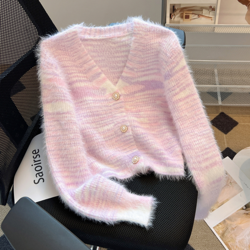 Xiaoxiangfeng Rainbow Striped Sweater Cardigan Women's Loose Lazy Breast Style V-neck Sweater Jacket