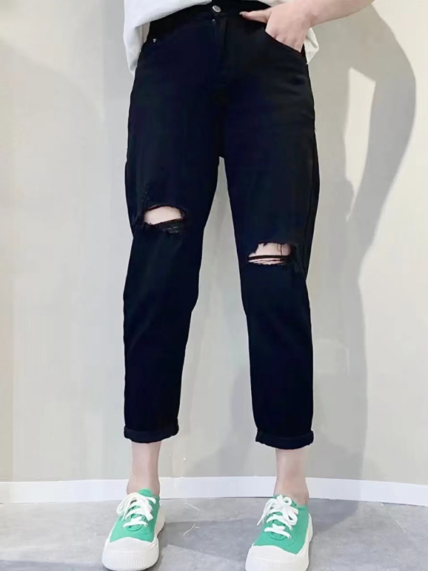 Plus size women's high waist stretch ripped jeans thin loose slimming eight-point straight pants trendy