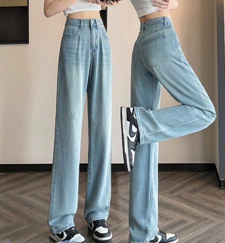 Super soft and drapey Tencel summer thin slimming loose straight pants high stretch wide leg elastic jeans