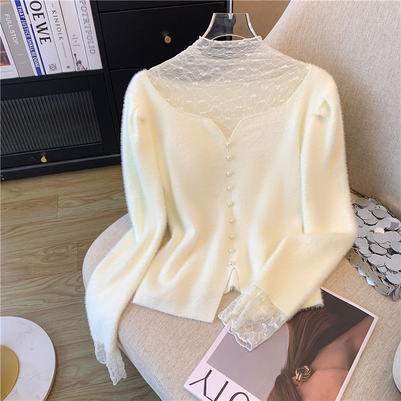 Designed lace stitching mohair sweater women's slimming sweater