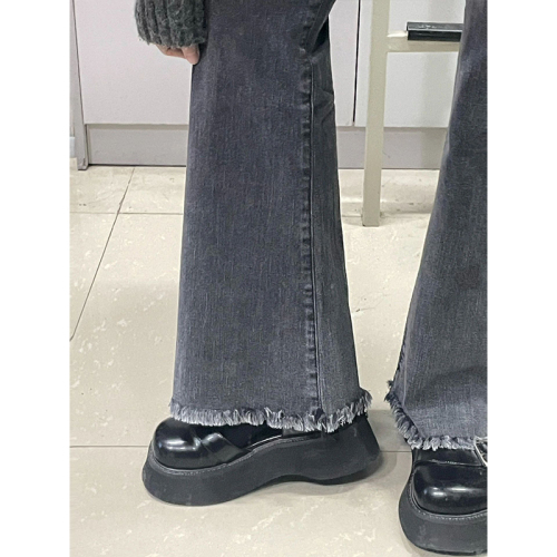 Petite bootcut jeans for women, spring and autumn design, niche high-waist, slim, loose, slimming, raw-edged wide-leg pants