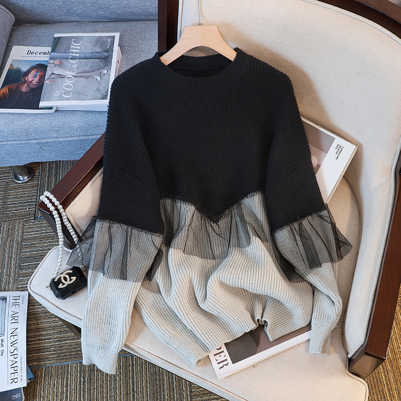 Design sense niche splicing sweater women's autumn fat mm cover the flesh loose lazy style sweater