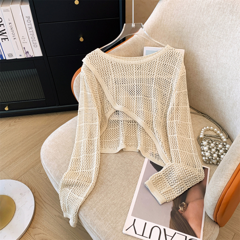 Designed hollow sweater for women summer new high-end niche loose slim long-sleeved blouse