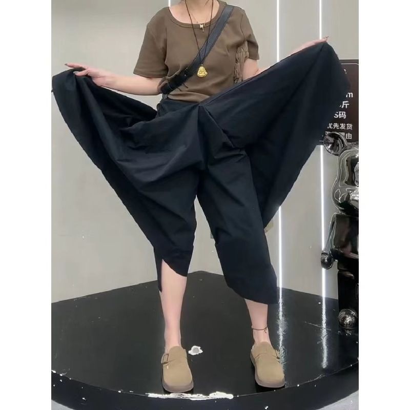 Large size 2024 high waist slit casual skirt pants for fat mm women with thick hips and thighs, slim eight-point wide leg pants