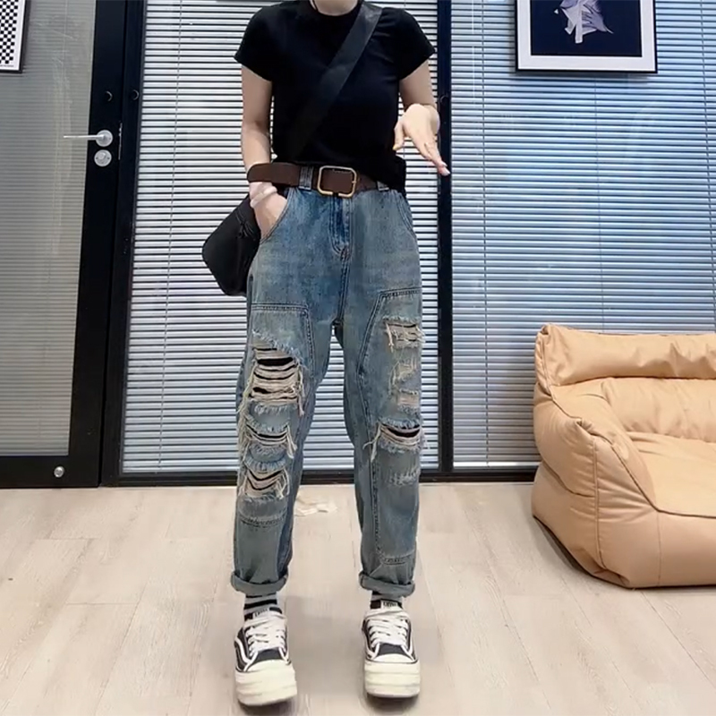 Plus size women's 2024 retro high waist ripped harem jeans fat mm loose slimming straight dad pants