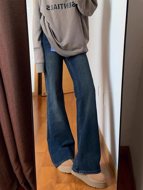 Retro high-waisted non-leg-fitting bootcut jeans for women in autumn and winter new slim straight floor-length pants trendy